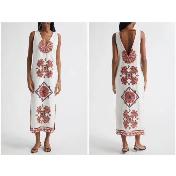 FARM Rio Dresses & Skirts - FARM Rio White Mary's Tiles Embroidered Detail Linen Dress Size Extra Small XS